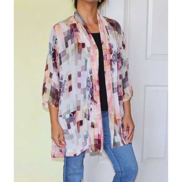 APNY Burgundy Abstract Long women's Cardigan multicolor open frontKimono Size L? - Picture 5 of 16
